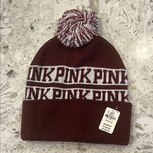 Victoria Secret PINK Maroon and White Pom-Pom Beanie